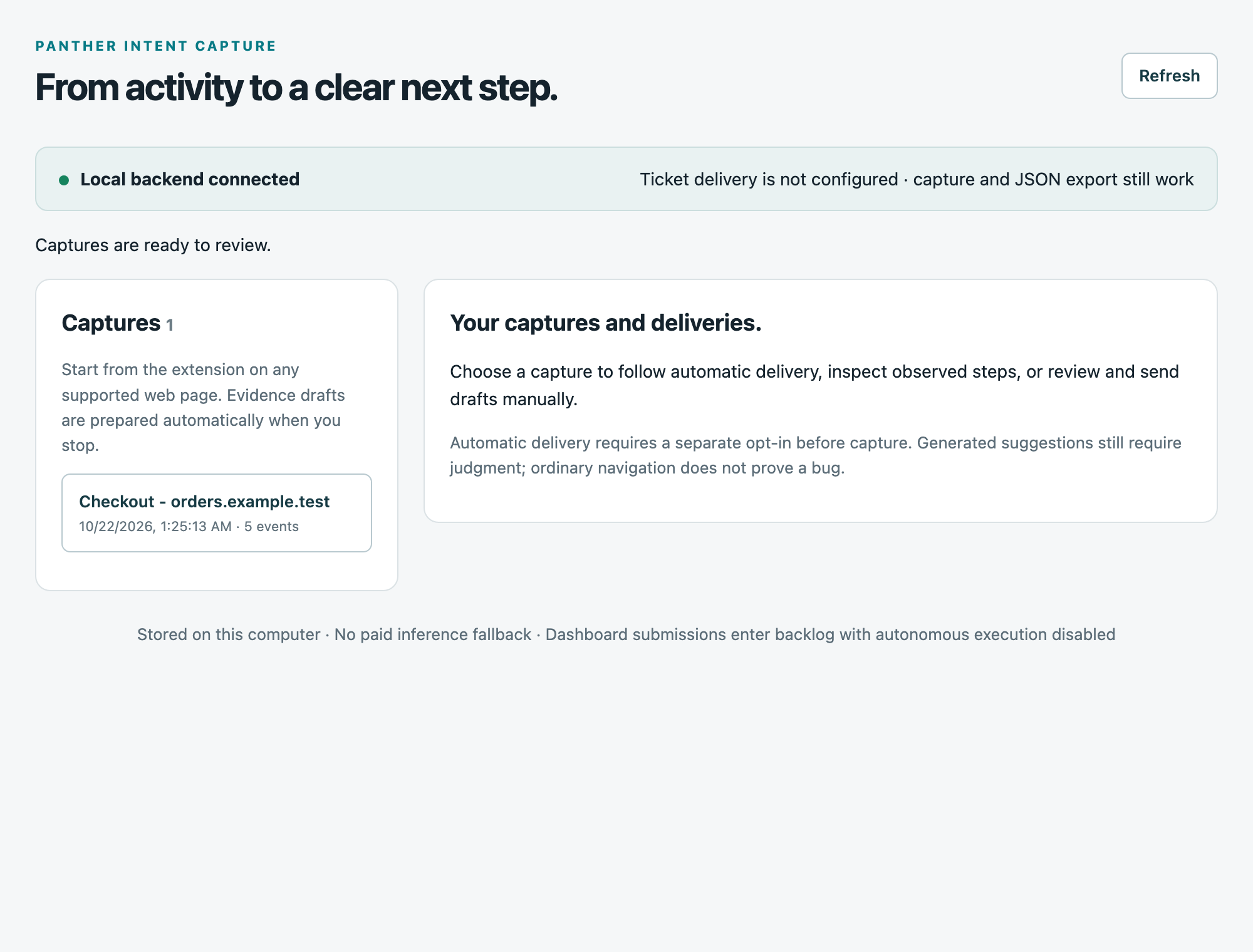 The Panther options page, with the local backend connected
